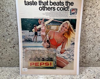 Vintage 1968 Pepsi Ad -  Original 13.5" x 10.5" Print Magazine Ad - "Taste that Beats the Others Cold!" - Woman in Bikini Ad
