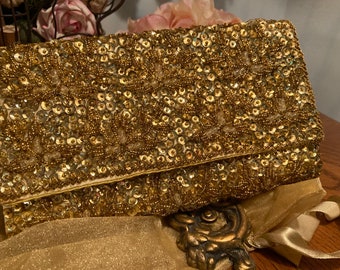 Stunning Vintage Hand Made Gold Sequin Clutch Purse 1950s