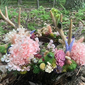 Fae Woodland Crown: Floral Antler Headpiece with Preserved Flowers