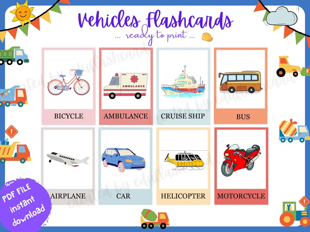 Printable Vehicles Flashcard for Kids With Free Stickers Etsy