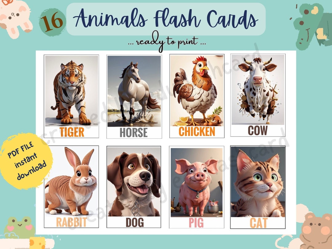 Printable Animal Flashcards for Kids With Free Stickers - Etsy