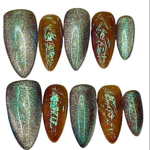 Abstract Amber Glass Jelly Nails, Velvet Press On Nails, Cateye Press On Nails, Unique Press On Nails, Abstract Press Ons, Handmade Nails