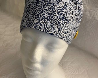 Blue and White Ponytail Scrub Cap