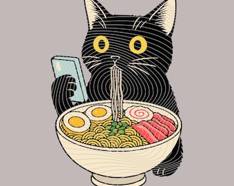 Black Cat Eating Ramen - Cat Lovers PNG