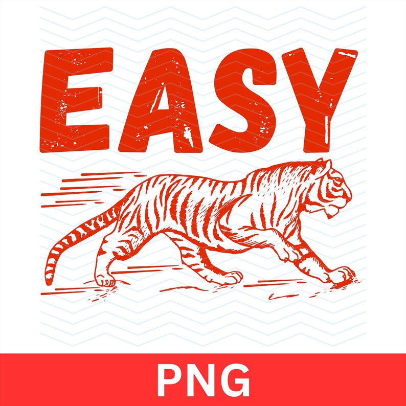 Puede incluir: Dise&ntilde;o gr&aacute;fico rojo y blanco con la palabra "EASY" en letras grandes y negritas. Un tigre rojo corre hacia la derecha, con un efecto de desenfoque de movimiento detr&aacute;s de &eacute;l.