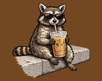 Funny Raccoon Drinking Iced Coffee PNG