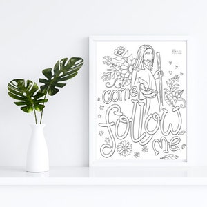 May include: Black and white line art coloring page featuring a man with a staff and a lamb. The text "Come Follow Me" is written in a decorative font.