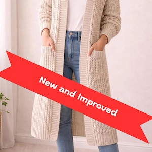 May include: A long, beige knit cardigan with two front pockets. The open-front sweater is worn over a white top and blue jeans. The red banner across the image reads "New and Improved".