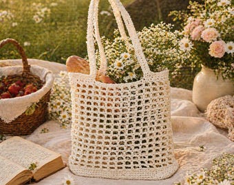 Patrón de bolso de mercado a crochet / Bolso de malla / Bolsa de la compra reutilizable / Ecológico / Estilo cottagecore