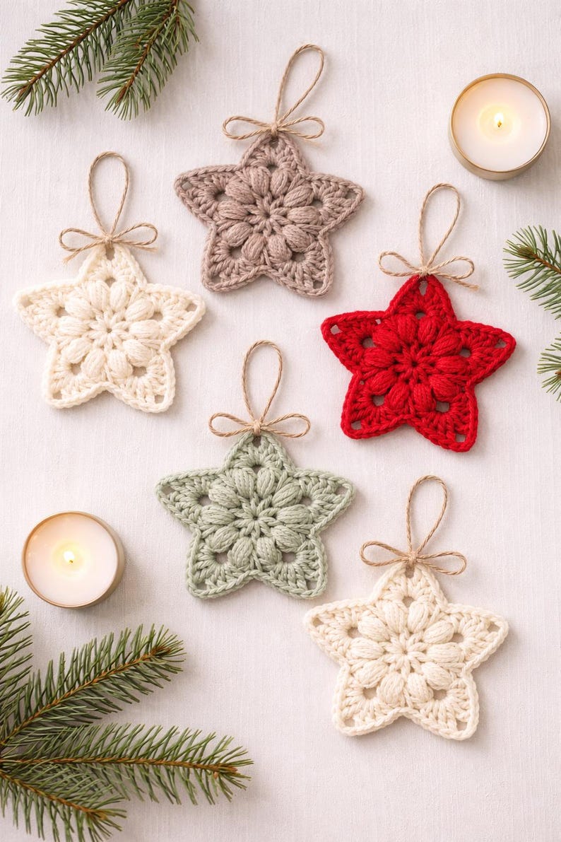 May include: Five star-shaped ornaments made of crocheted yarn in cream, dusty rose, red, and sage green. Each ornament features a central puff stitch pattern and a small jute twine loop for hanging, tied with a decorative bow at the top.