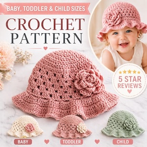 Crochet Ruffle Hat Pattern, Baby, Toddler, Child Pattern, Flower, PDF Instant Download, 3 Sizes