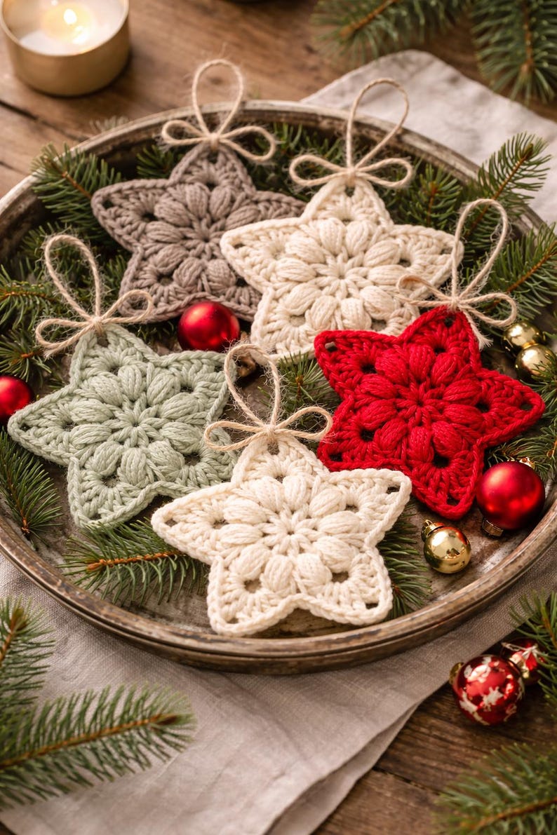 May include: A collection of five star-shaped crochet ornaments in cream, red, sage green, and taupe. Each star features a textured puff stitch center and a jute twine loop for hanging. The ornaments are arranged on a round metal tray with pine branches.