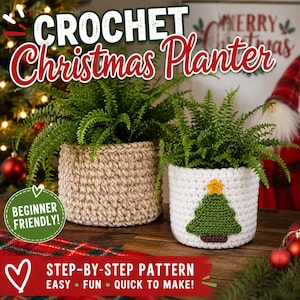Christmas Planter Crochet Pattern, Holiday Plant Pot Cozy with Tree Appliqué, Festive Home Décor, Instant Download PDF
