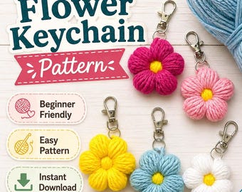 Könnte beinhalten: Bild eines Häkelblumen-Schlüsselanhänger-Musters. Das Bild zeigt fünf handgefertigte Blumen-Schlüsselanhänger in Pink, Gelb, Blau, Weiß und Pink. Jede Blume hat eine gelbe Mitte und einen silbernen Verschluss. Der Text lautet "Crochet Flower Keychain Pattern", "Beginner Friendly", "Easy Pattern" und "Instant Download".