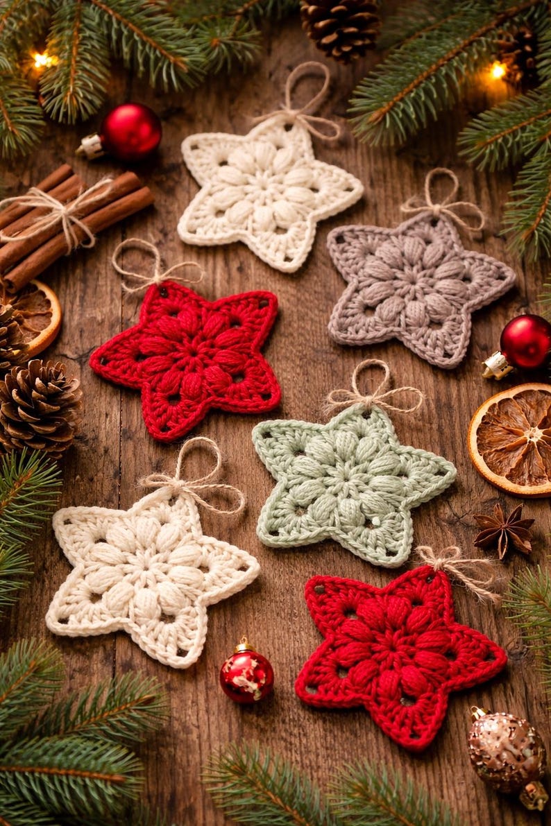 May include: A collection of six star-shaped crochet ornaments in cream, red, sage green, and taupe. Each star features a textured puff stitch center and a simple loop of twine at the top for hanging, arranged on a dark wooden surface.