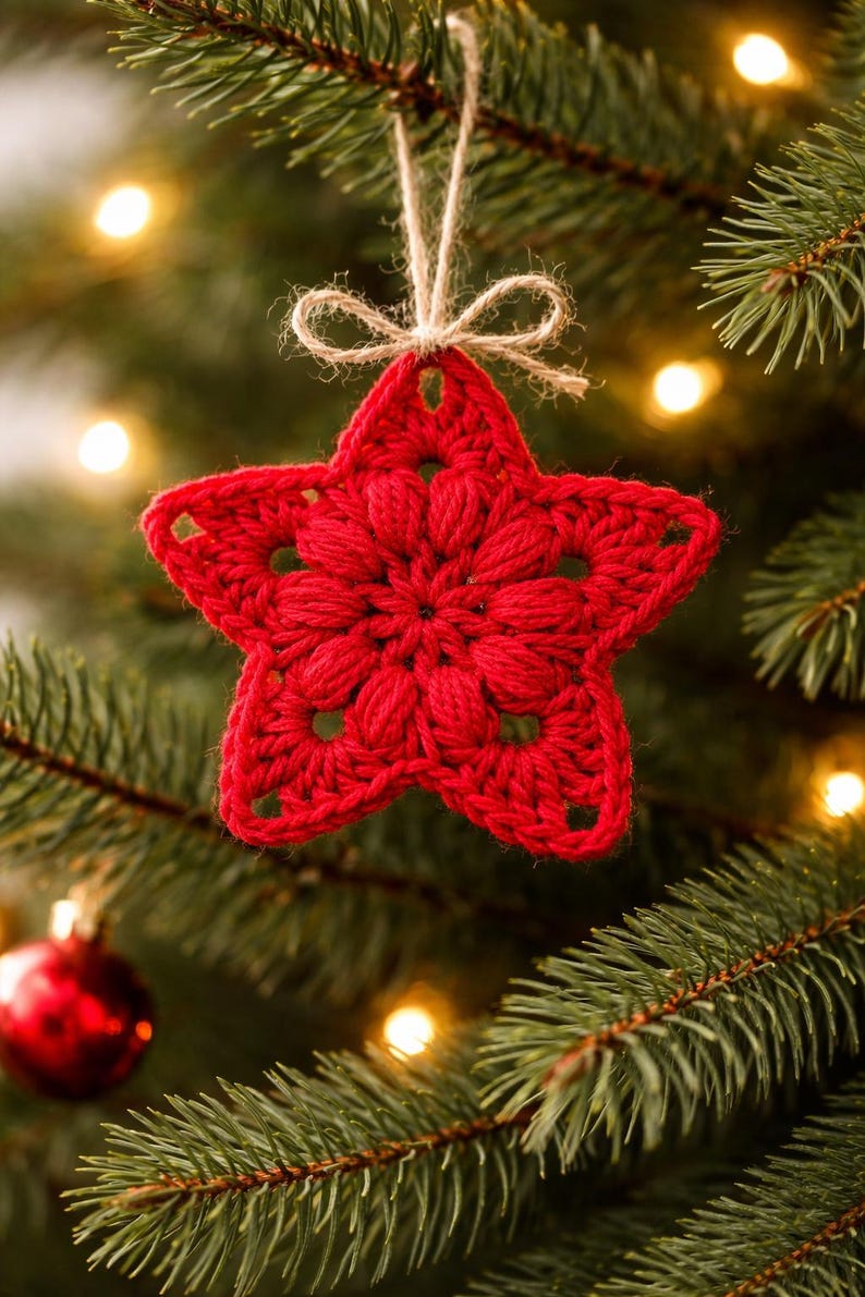 May include: A bright red crocheted star ornament featuring a textured puff stitch center and openwork points. The star is suspended by a thin, natural-colored jute twine string tied in a small bow at the top, hanging from a green pine tree branch.
