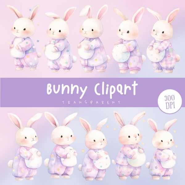 Bunny pajamas clipart | Baby 10 Bunny Clipart |Nursery Wall Deco | Baby Shower Clipart | Cute Rabbit | 300 DPI | PNG | Commercial Use