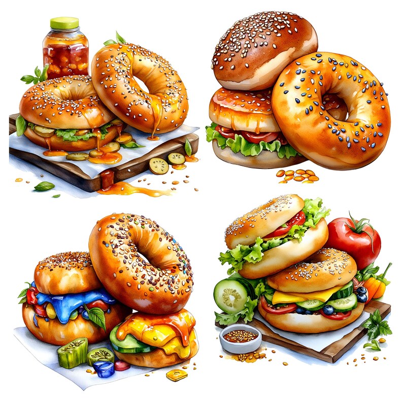 Bagel With Sesame Seeds, 12 PNG Food Clipart, Watercolor Food Clipart