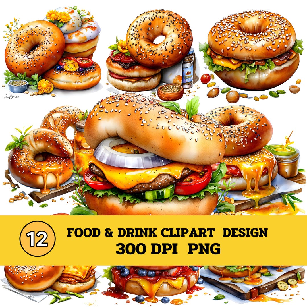 Bagel With Sesame Seeds, 12 PNG Food Clipart, Watercolor Food Clipart