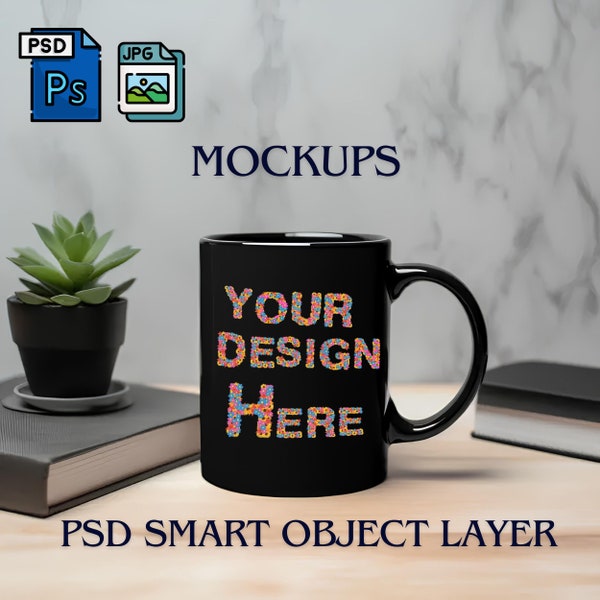 Maquettes de tasse noire, maquettes de tasse à café, fichiers PSD avec un calque d'objet intelligent, fichier transparent, téléchargement numérique, fichier PSD et jpg,