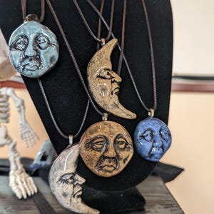 Handmade Crescent and Full Moon Face Ceramic Pendant Necklace