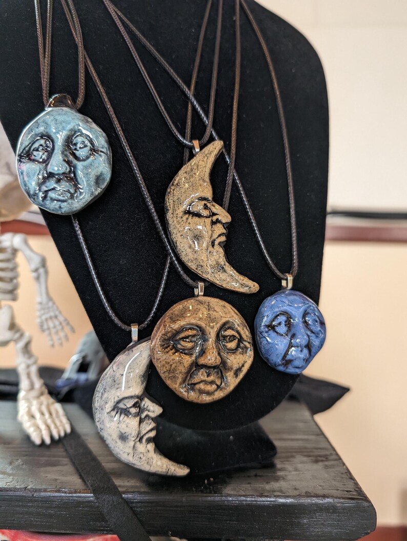 Handmade Crescent and Full Moon Face Ceramic Pendant Necklace - Etsy