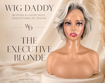 Rooted Platinum Blonde Human Hair Lace Front Wig, Glueless Wig, Short Wavy Bob Wig, Ash Blonde Luxury Custom Wig The Executive Blonde