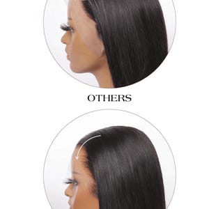 Puede incluir: Una comparaci&oacute;n de dos pelucas negras de cabello lacio vistas de perfil. La imagen superior etiquetada como OTHERS muestra un borde de encaje visible. La imagen inferior etiquetada como WIG DADDY muestra una l&iacute;nea de cabello natural y sin costuras.