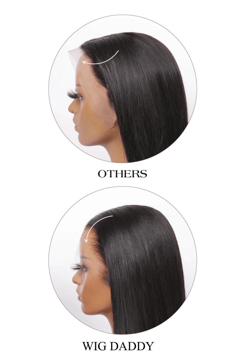 Puede incluir: Una comparaci&oacute;n de dos pelucas negras de cabello lacio vistas de perfil. La imagen superior etiquetada como OTHERS muestra un borde de encaje visible. La imagen inferior etiquetada como WIG DADDY muestra una l&iacute;nea de cabello natural y sin costuras.