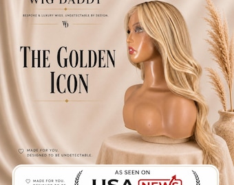 May include: A blonde wig with long, wavy hair styled on a mannequin head. The text reads WIG DADDY, BESPOKE & LUXURY WIGS. UNDETECTABLE BY DESIGN, THE GOLDEN ICON, MADE FOR YOU. DESIGNED TO BE UNDETECTABLE, and AS SEEN ON USA NEWS.