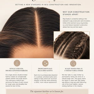 Puede incluir: Una peluca de color marr&oacute;n oscuro con una l&iacute;nea de cabello de doble nudo en una sola hebra, nudos decolorados profesionalmente y un acabado tono cuero cabelludo. El texto dice The Wig Daddy Difference, Setting a new standard in wig construction.