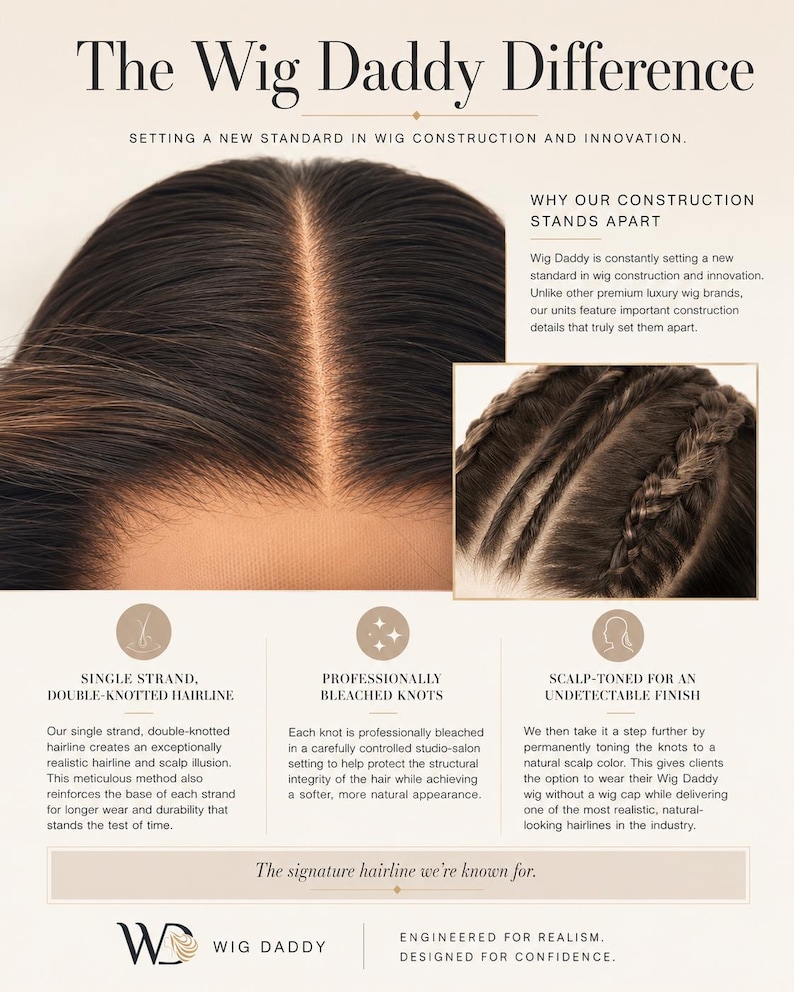Puede incluir: Una peluca de color marr&oacute;n oscuro con una l&iacute;nea de cabello de doble nudo en una sola hebra, nudos decolorados profesionalmente y un acabado tono cuero cabelludo. El texto dice The Wig Daddy Difference, Setting a new standard in wig construction.