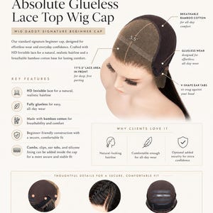 Puede incluir: Un gorro de peluca con parte superior de encaje sin pegamento en color marr&oacute;n oscuro, con un &aacute;rea de encaje de 27,9 por 14 cm, base de algod&oacute;n de bamb&uacute; transpirable, pesta&ntilde;as en forma de V y banda el&aacute;stica ajustable, con texto descriptivo.