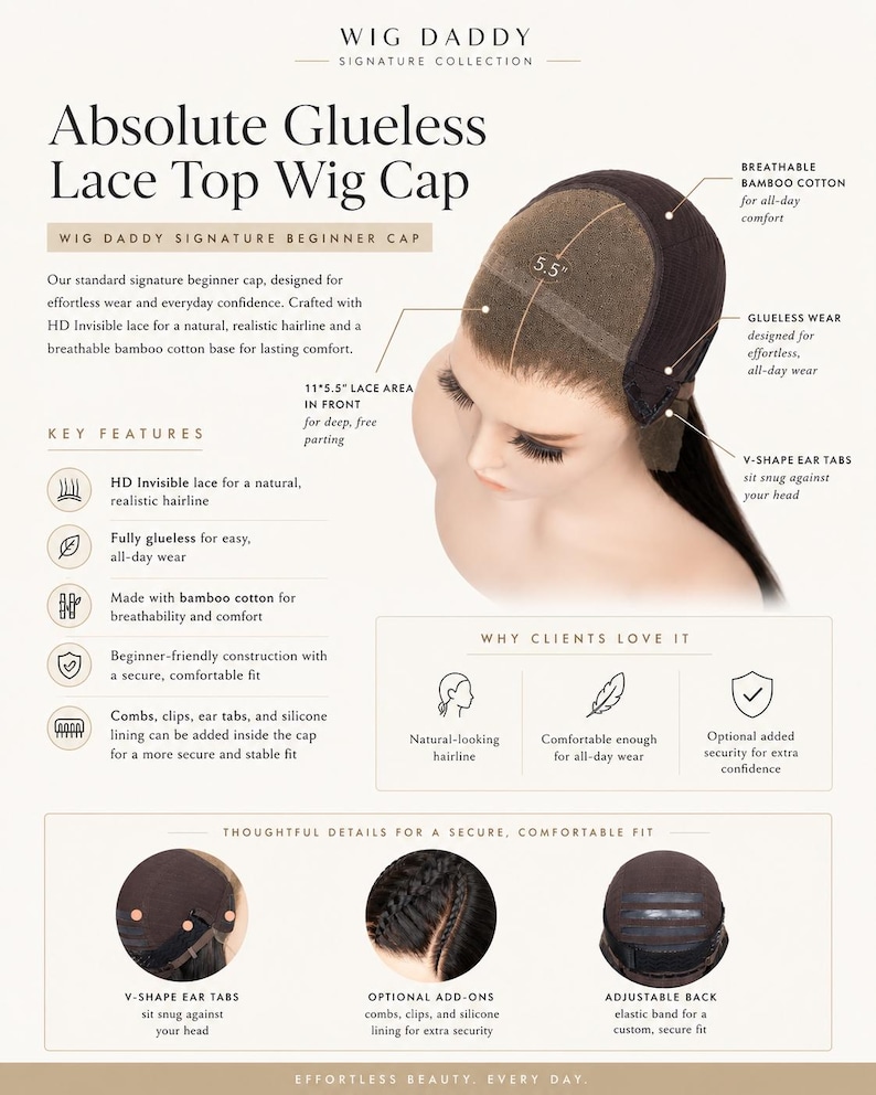 Puede incluir: Un gorro de peluca con parte superior de encaje sin pegamento en color marr&oacute;n oscuro, con un &aacute;rea de encaje de 27,9 por 14 cm, base de algod&oacute;n de bamb&uacute; transpirable, pesta&ntilde;as en forma de V y banda el&aacute;stica ajustable, con texto descriptivo.