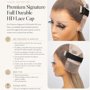 Puede incluir: Un gorro de peluca de encaje HD beige con hebras anudadas a mano, correas el&aacute;sticas negras ajustables y peines de metal para una fijaci&oacute;n segura. El producto est&aacute; etiquetado como Wig Daddy Premium Signature Full Durable HD Lace Cap.