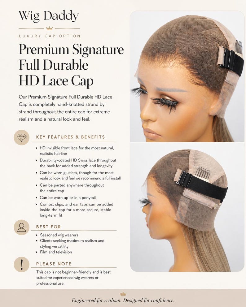 Puede incluir: Un gorro de peluca de encaje HD beige con hebras anudadas a mano, correas el&aacute;sticas negras ajustables y peines de metal para una fijaci&oacute;n segura. El producto est&aacute; etiquetado como Wig Daddy Premium Signature Full Durable HD Lace Cap.