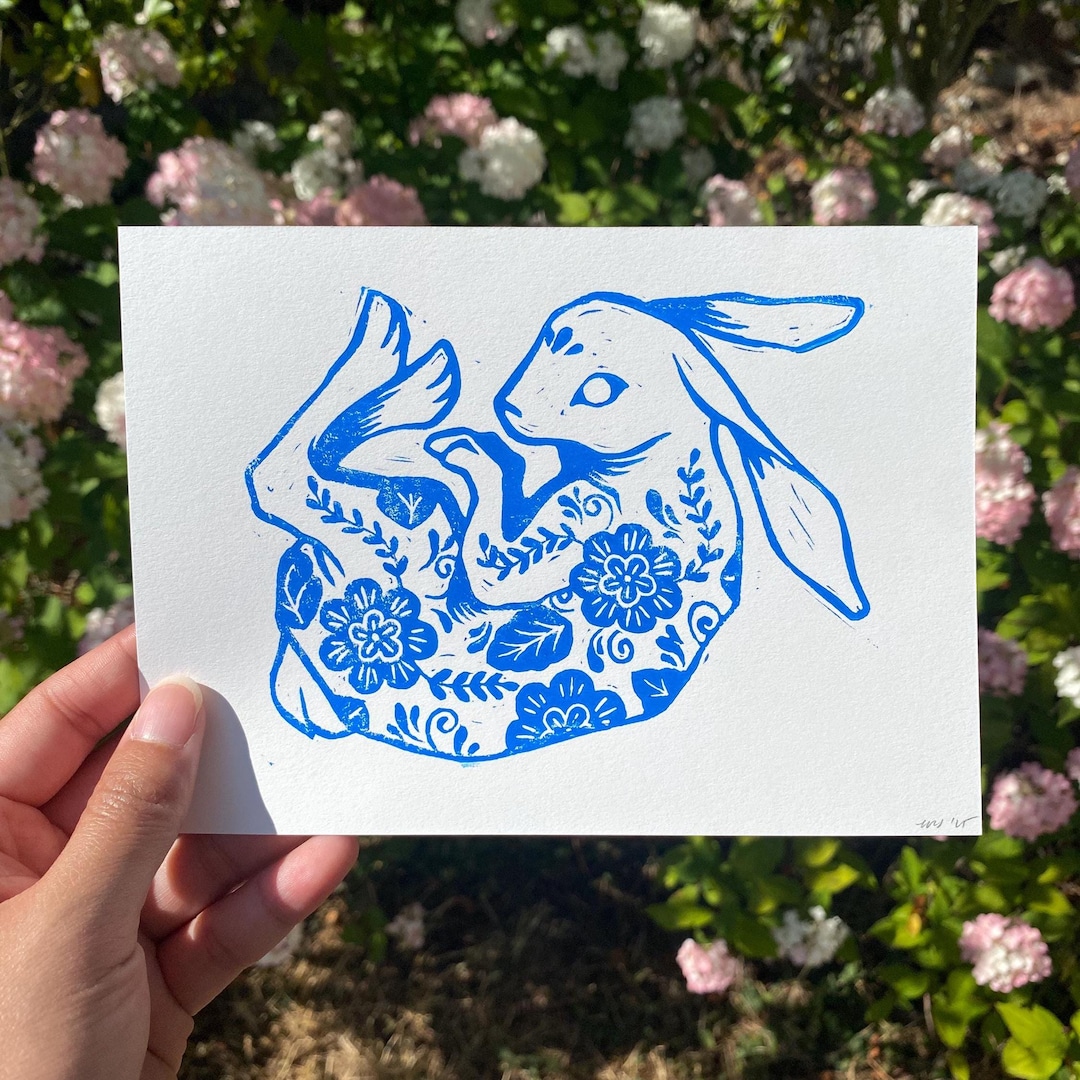Linocut Rabbit Pattern Tattooed Bunny | Linocut Block Print - Etsy