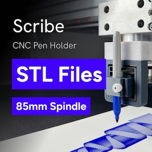 May include: A Scribe CNC Pen Holder for an 85mm spindle, featuring a gray plastic mount holding a blue marker. The device is attached to a CNC machine and is drawing a series of blue geometric line patterns on a white surface. Text reads Scribe, CNC Pen Holder, STL Files, and 85mm Spindle.