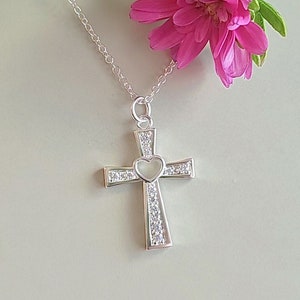 925 Sterling Silver Cross and Heart Pendant Necklace with CZ, Cross Necklace, Religious Jewelry, Minimalist Pendant, Dainty Chain