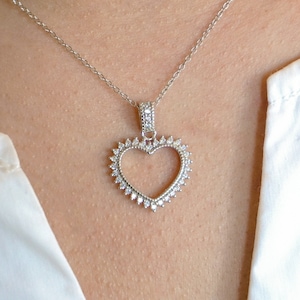 Open Heart CZ Silver Necklace - Gift For Her - Heart Pendant Necklace