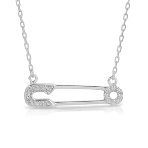 Silver CZ Safety Pin Necklace