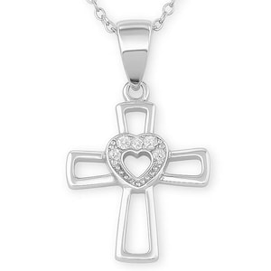 Silver Cross and Heart Pendant Necklace with CZ, Cross Necklace, Religious Jewelry, Minimalist Pendant, Dainty Chain, Handcrafted Design,