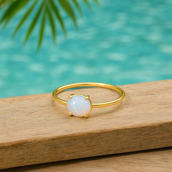 14K Solid Gold Opal Ring Dainty Minimalist Stackable Ring