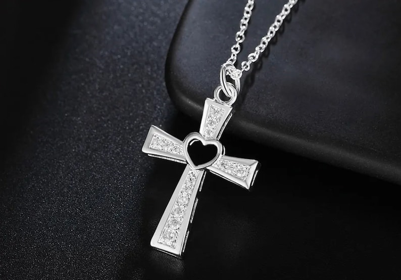 925 Sterling Silver Cross and Heart Pendant Necklace With CZ, Cross