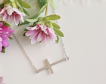Sideways Cross Silver  Necklace, Religious Jewelry, Minimalist Pendant, Dainty Chain, Handcrafted Design