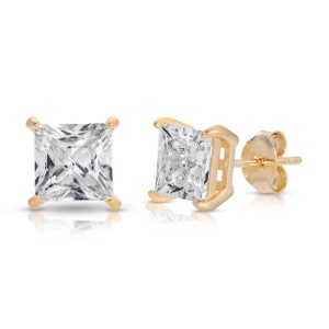 1ct Brilliant Princess Cut Studs 14K Yellow Gold Earrings Push Back - Anniversary Earrings - Gift For Her
