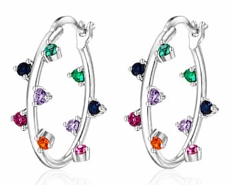 925 Sterling Silver Rainbow Hoop Earrings, Colorful Gemstone Hoops, Multicolor Huggie Earrings, Everyday Jewelry Gift for Women