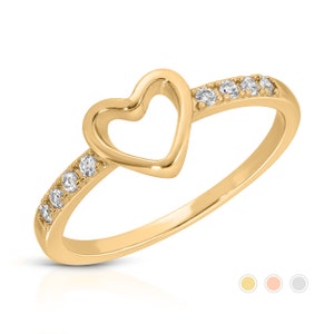 Open Heart 14K Solid Gold Ring - Heart Ring with Stones - Love Ring - Wife&#39;s Gift -  Proposal Ring -  Gift For Her - Minimalist Heart Ring