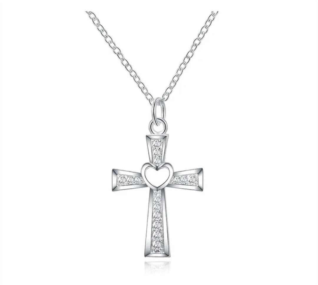 925 Sterling Silver Cross and Heart Pendant Necklace With CZ, Cross