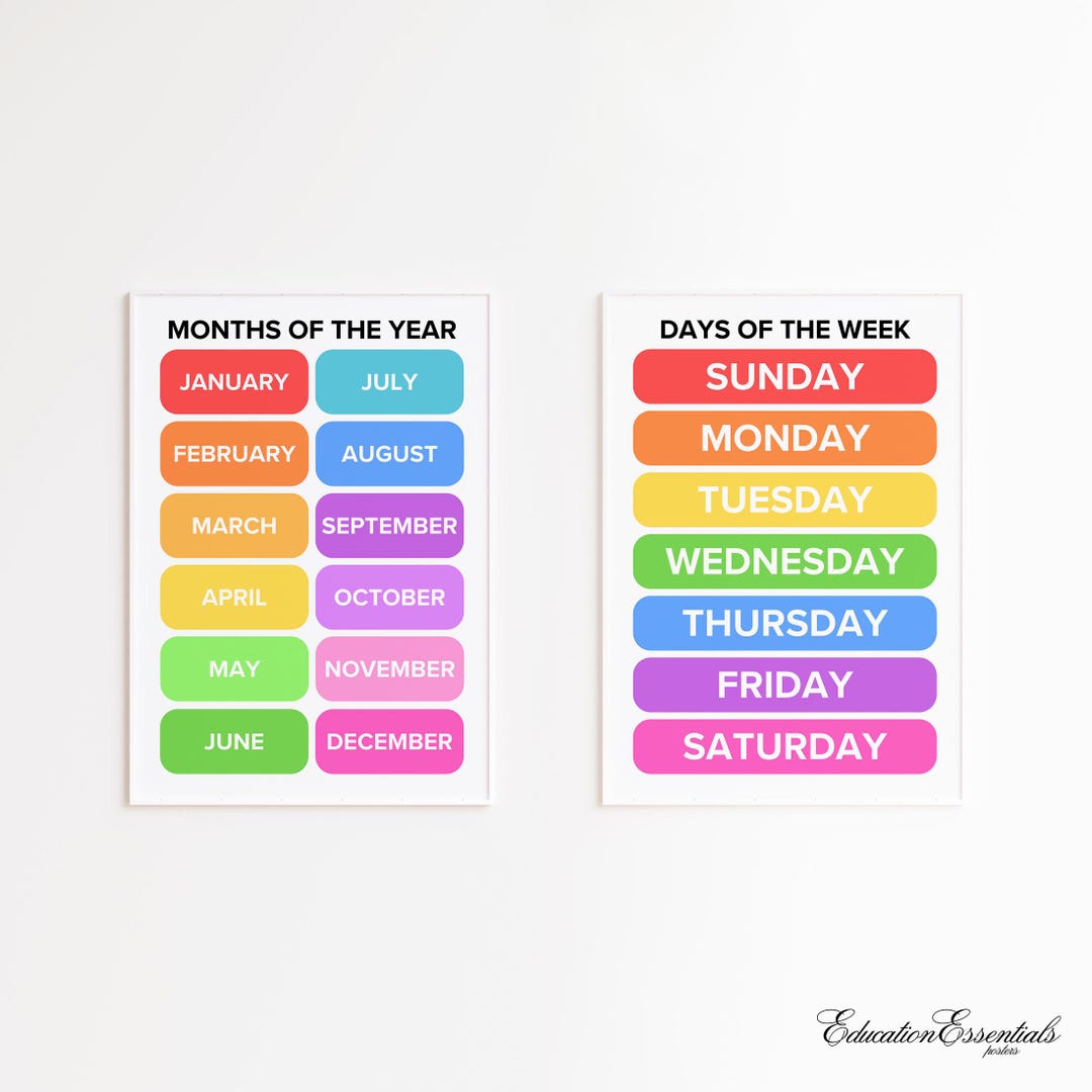 Months of the Year and Days of the Week Posters Set of 2, Sunday ...